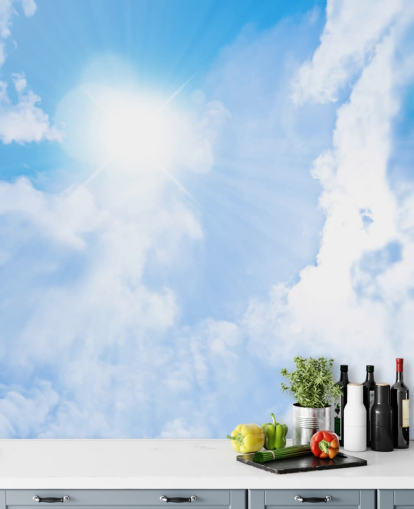 blauwe en witte hemelmuurschildering genaamd Sunlight Through Clouds voor slaapkamers, woonkamers en thuiskantoren