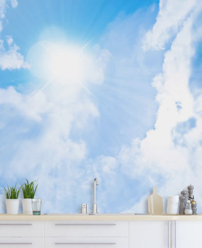 mural de papel pintado de cielo azul y blanco llamado Sunlight Through Clouds para dormitorios, salas de estar y oficinas en casa mural de papel pintado de cielo azul y blanco llamado Sunlight Through Clouds para dormitorios, salas de estar y oficinas en casa