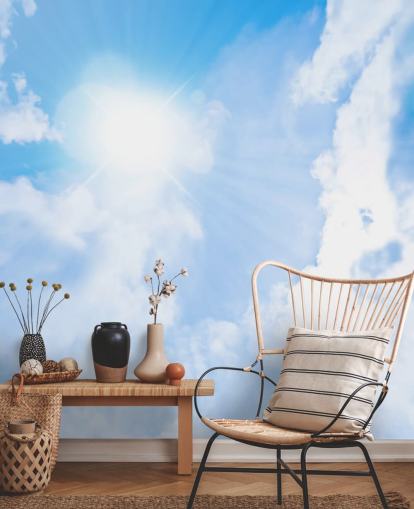 carta da parati murale con cielo blu e bianco chiamato Sunlight Through Clouds per camere da letto, salotti e uffici domestici