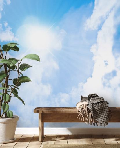 blauwe en witte hemelmuurschildering genaamd Sunlight Through Clouds voor slaapkamers, woonkamers en thuiskantoren blauwe en witte hemelmuurschildering genaamd Sunlight Through Clouds voor slaapkamers, woonkamers en thuiskantoren