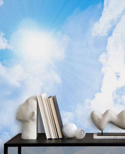 carta da parati murale con cielo blu e bianco chiamato Sunlight Through Clouds per camere da letto, salotti e uffici domestici