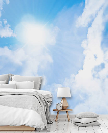 blue and white sky wallpaper mural called Sunlight Through Clouds for bedrooms, living rooms and home offices