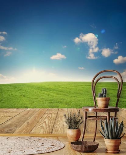 Decorazione murale con cielo blu e giardino verde