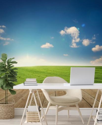 Papier Peint Fresque Ciel Bleu et Jardin Vert