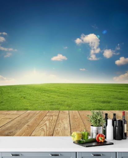 Muurschildering blauwe lucht en groene tuin