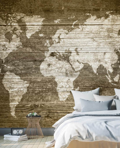 Papier peint sur une carte peinte sur des panneaux de bois