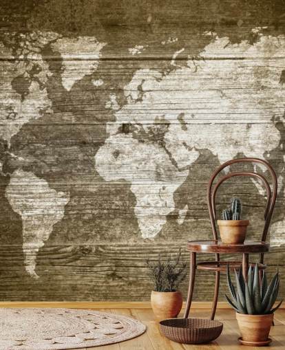 Map Painted onto Wood Panels Wallpaper
