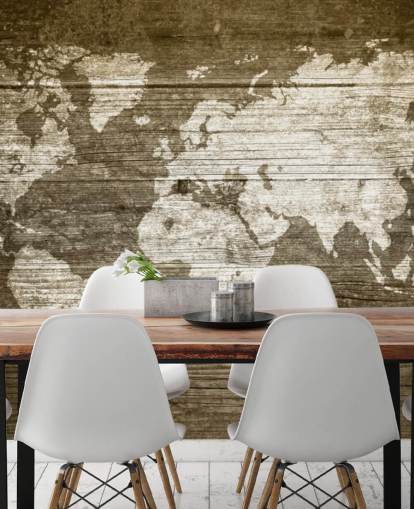 Map Painted onto Wood Panels Wallpaper