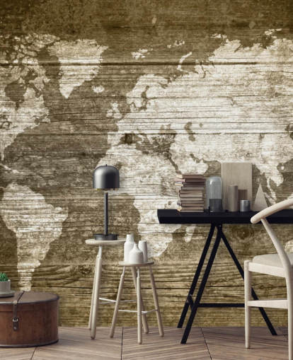 Map Painted onto Wood Panels Wallpaper
