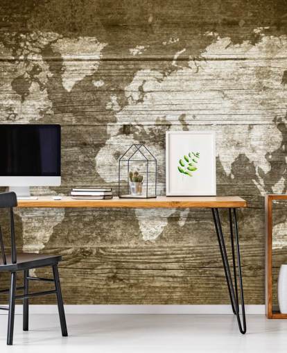 Map Painted onto Wood Panels Wallpaper