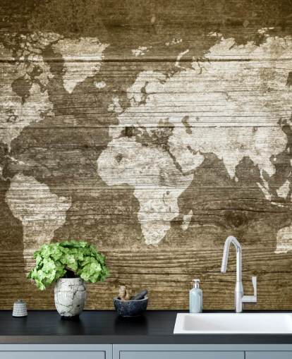 Map Painted onto Wood Panels Wallpaper