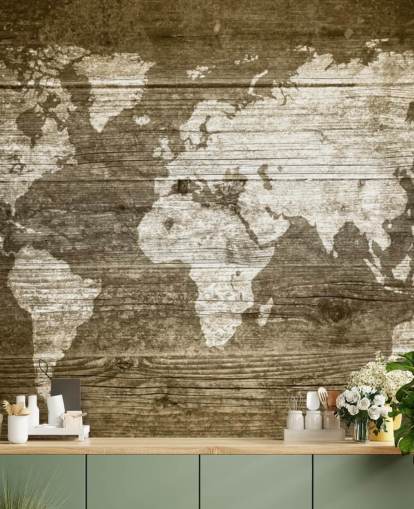 Map Painted onto Wood Panels Wallpaper