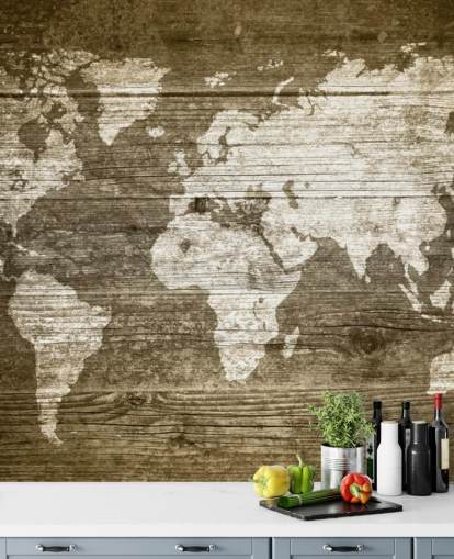 Map Painted onto Wood Panels Wallpaper