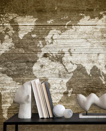 Map Painted onto Wood Panels Wallpaper