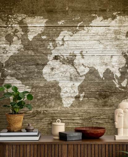 Map Painted onto Wood Panels Wallpaper