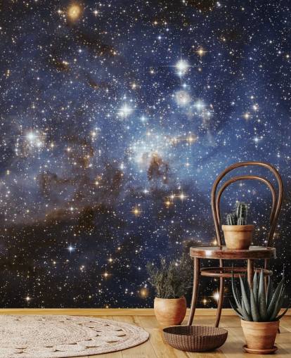 mural de papel pintado espacial azul y dorado llamado LH 95 en la Gran Nube de Magallanes para dormitorios