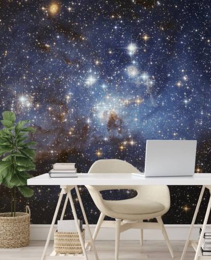 mural de papel de parede espacial azul e dourado chamado LH 95 na Grande Nuvem de Magalhães para quartos