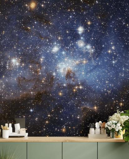 mural de papel pintado espacial azul y dorado llamado LH 95 en la Gran Nube de Magallanes para dormitorios