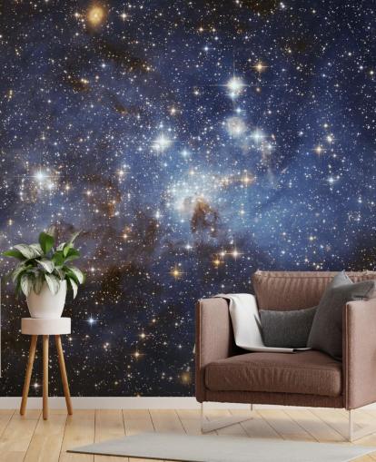 mural de papel de parede espacial azul e dourado chamado LH 95 na Grande Nuvem de Magalhães para quartos