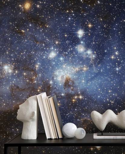 mural de papel pintado espacial azul y dorado llamado LH 95 en la Gran Nube de Magallanes para dormitorios