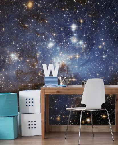 mural de papel de parede espacial azul e dourado chamado LH 95 na Grande Nuvem de Magalhães para quartos