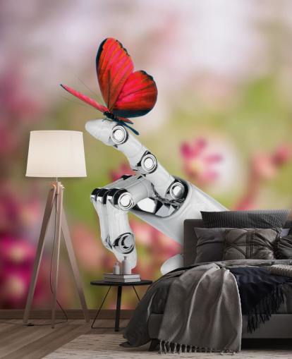 Robot Hand Holding Vlinder Muurschildering