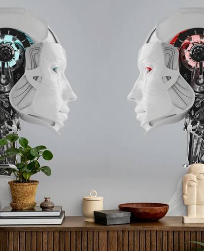 Robot kvinner som vender mot hverandre veggmaleri Robot kvinner som vender mot hverandre veggmaleri