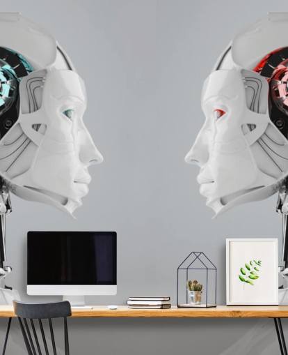 Robot vrouwen tegenover elkaar muurschildering Robot vrouwen tegenover elkaar muurschildering