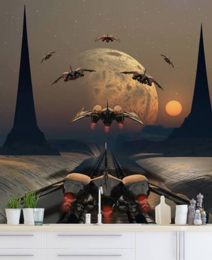 Planeta alienígena e naves espaciais papel de parede