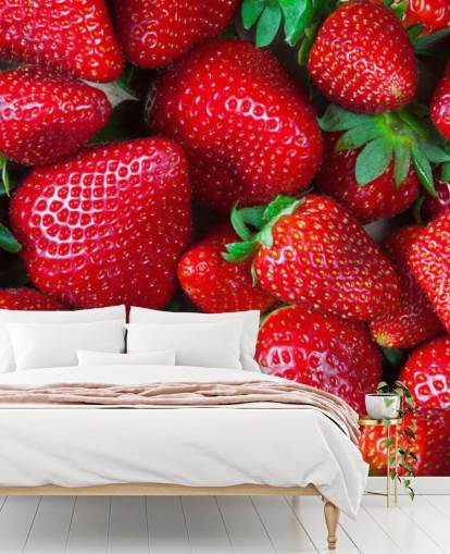 ljusröd frukt tapetväggmålning kallad Strawberries Fresh för kök, kaféer och restauranger