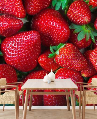 lys rød frugt tapetmaleri kaldet Strawberries Fresh til køkkener, caféer og restauranter