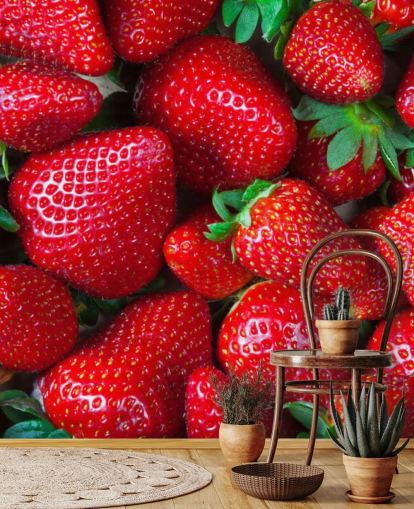 carta da parati murale con frutta rossa brillante chiamata Strawberries Fresh per cucine, caffè e ristoranti