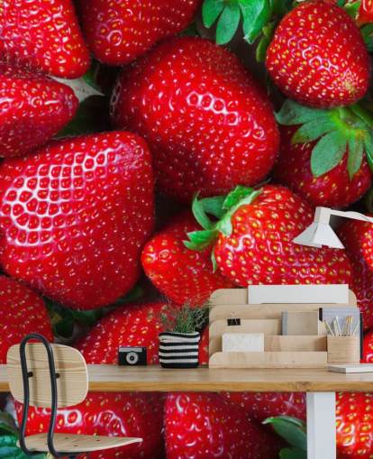 bright red fruit wallpaper mural called Strawberries Fresh for kitchens, cafes and restaurants