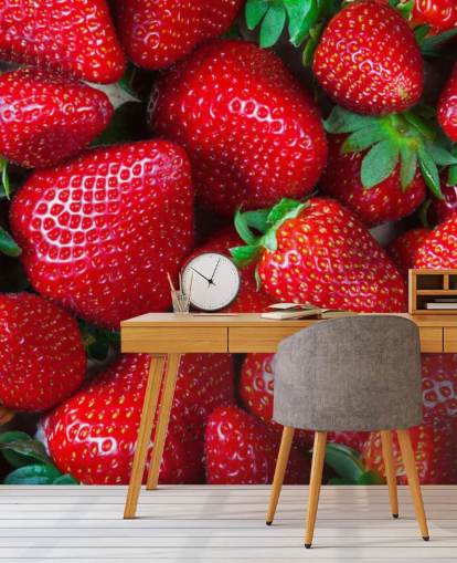 bright red fruit wallpaper mural called Strawberries Fresh for kitchens, cafes and restaurants