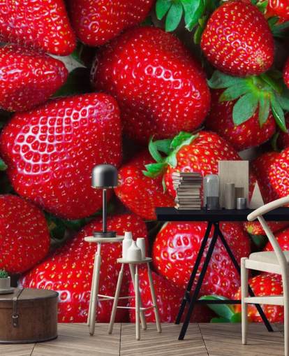 bright red fruit wallpaper mural called Strawberries Fresh for kitchens, cafes and restaurants