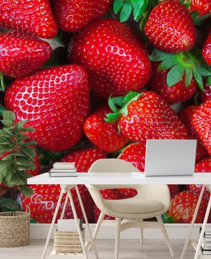 ljusröd frukt tapetväggmålning kallad Strawberries Fresh för kök, kaféer och restauranger