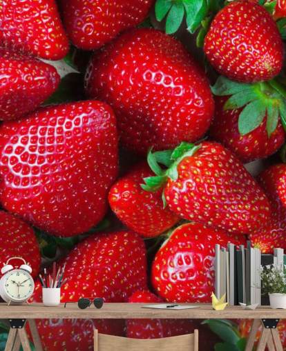bright red fruit wallpaper mural called Strawberries Fresh for kitchens, cafes and restaurants