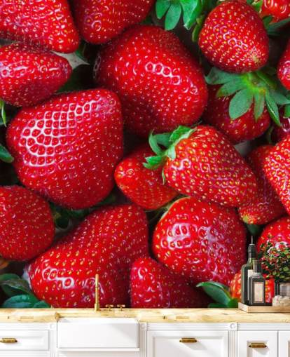 kirkkaan punainen hedelmätaustakuvamaalaus nimeltä Strawberries Fresh keittiöihin, kahviloihin ja ravintoloihin