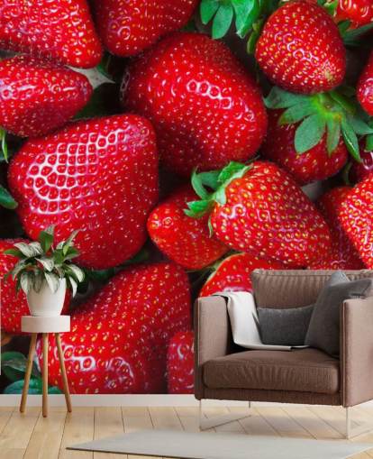 bright red fruit wallpaper mural called Strawberries Fresh for kitchens, cafes and restaurants