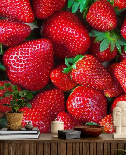bright red fruit wallpaper mural called Strawberries Fresh for kitchens, cafes and restaurants