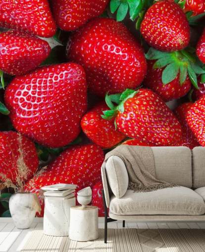 carta da parati murale con frutta rossa brillante chiamata Strawberries Fresh per cucine, caffè e ristoranti