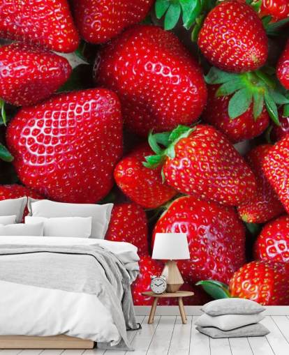 ljusröd frukt tapetväggmålning kallad Strawberries Fresh för kök, kaféer och restauranger