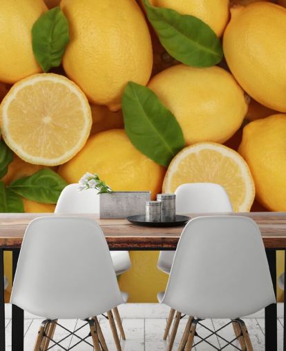 gelbe Zitronentapete namens Zesty Lemons für Küchen