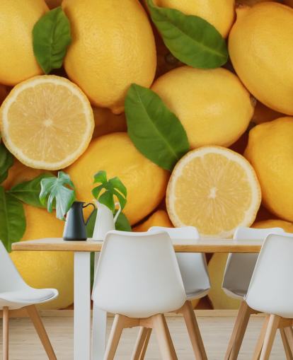 carta da parati murale giallo limone chiamata Zesty Lemons per cucine