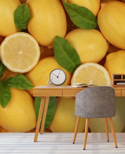 mural de papel pintado de limón amarillo llamado Zesty Lemons para cocinas