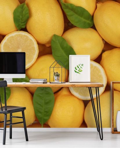 carta da parati murale giallo limone chiamata Zesty Lemons per cucine