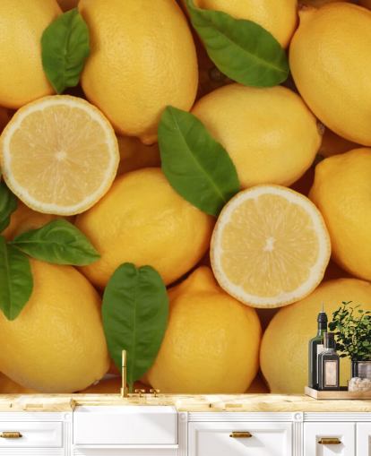 mural de papel de parede de limão amarelo chamado Zesty Lemons para cozinhas