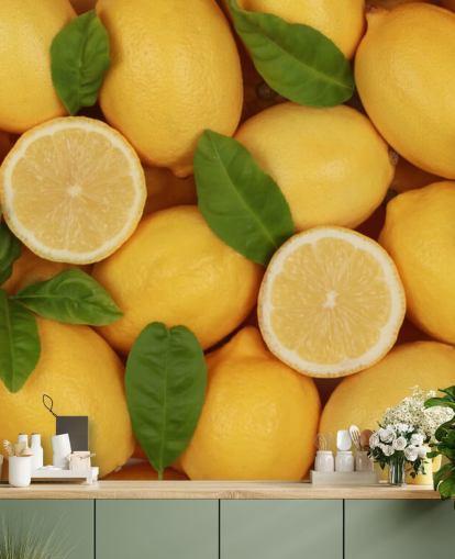 gul citron tapet väggmålning som heter Zesty Lemons för kök