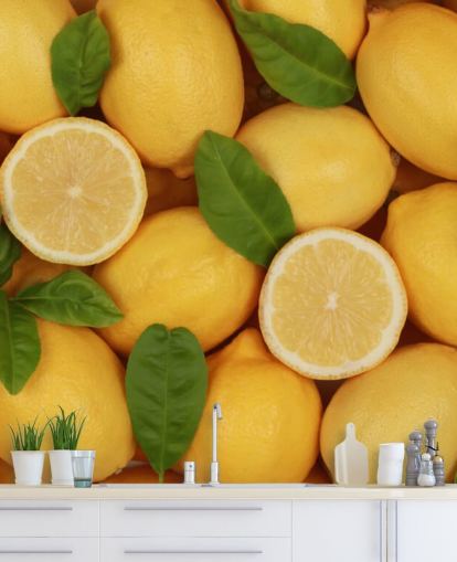 yellow lemon wallpaper mural called Zesty Lemons for kitchens