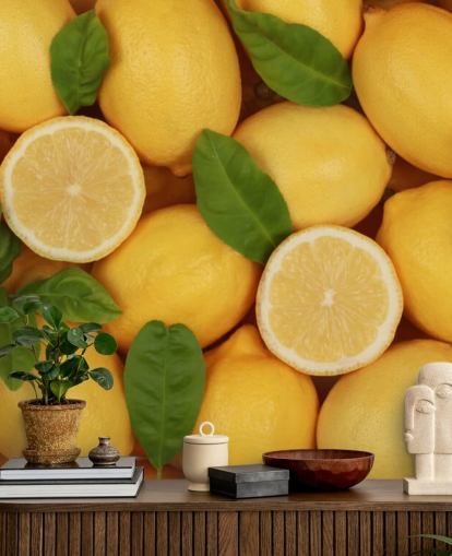 carta da parati murale giallo limone chiamata Zesty Lemons per cucine